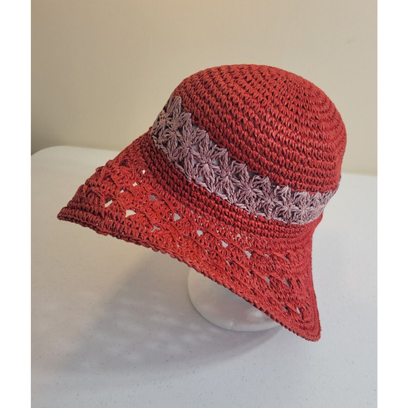 Summer Straw Sun Hat Women's Red Weaved Wide Brim Floppy Party Beach One Size - Picture 3 of 5